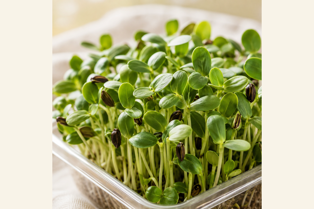 Close view of fresh sunflower microgreens in a clear tray